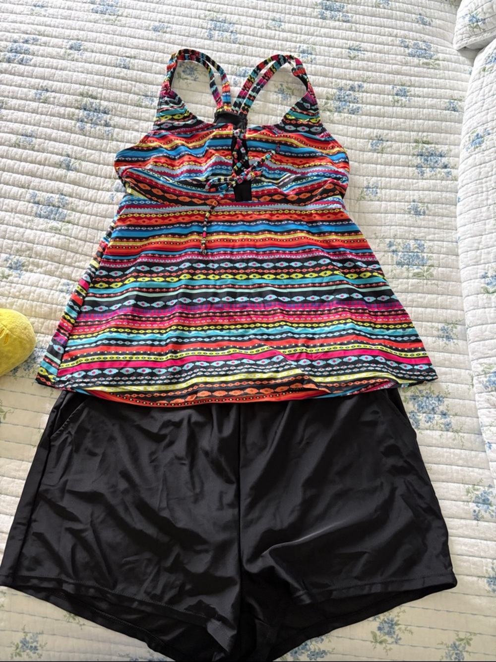 Colorful Striped Tankini Top with Black Swim Shorts